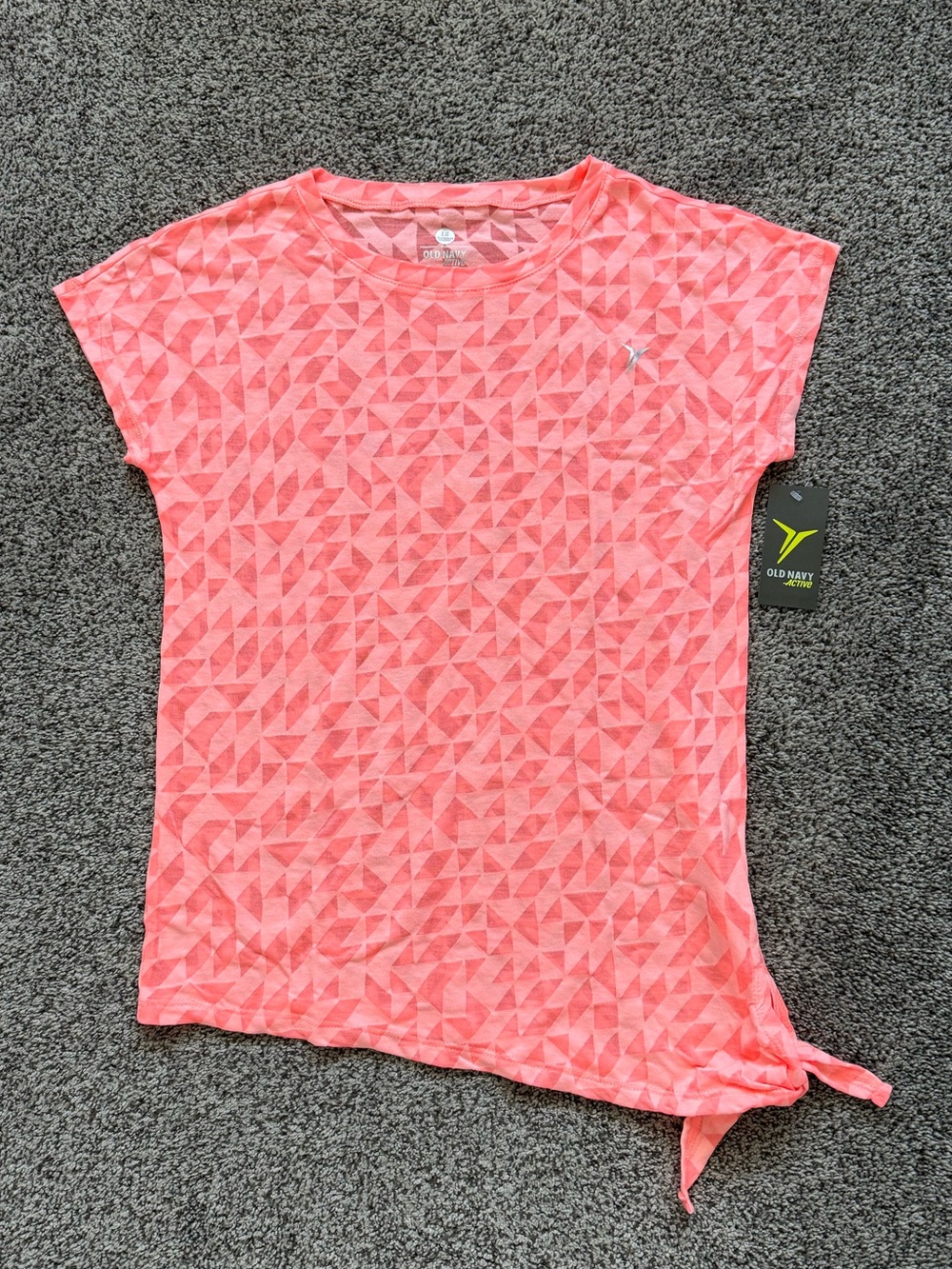 Old Navy Active Girl’s Coral Pink Geometric Short Sleeve T-Shirt With Side Tie